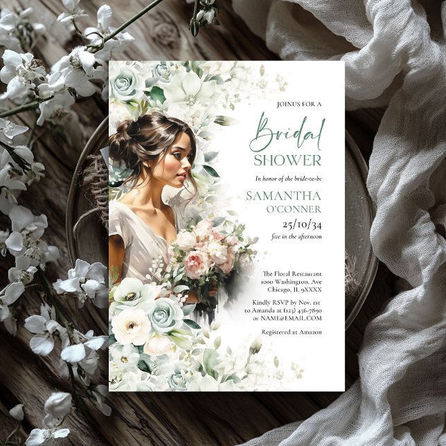 Invitation Boho feuillage vert blanc roses beauté mariée (Boho greenery foliage white roses beauty bride invitation)