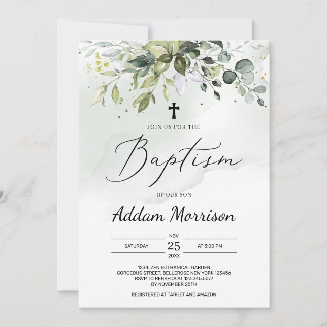 Invitation Boho feuillage vert eucalyptus feuille baptême (Devant)