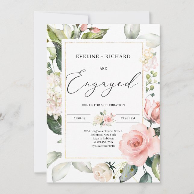 Invitation Boho fiançailles bohème à cadre floral or (Devant)