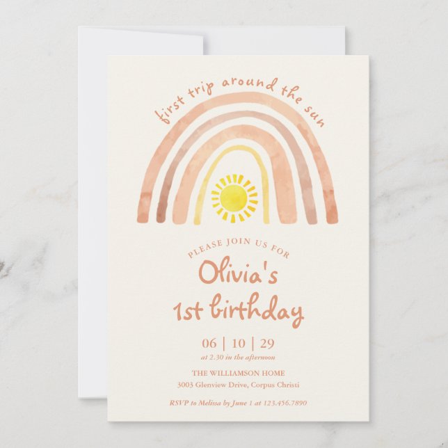 Invitation Boho First Trip Around Sun Rainbow 1st Birthday (Devant)