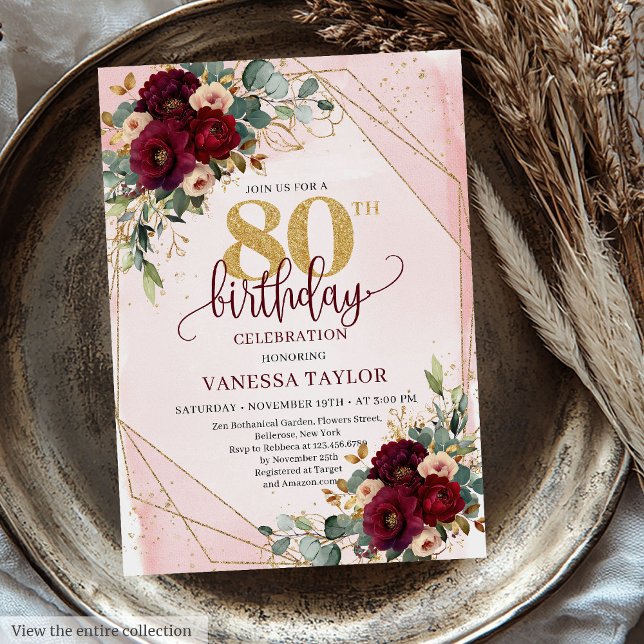 Invitation Boho flamboyant Roses d'or 80e anniversaire (Glamorous Boho Burgundy Gold Roses 80th Birthday Invitation)