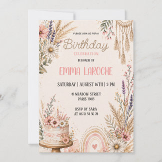 Invitation Boho Fleur de naissance Floral Pampas Aquarelle
