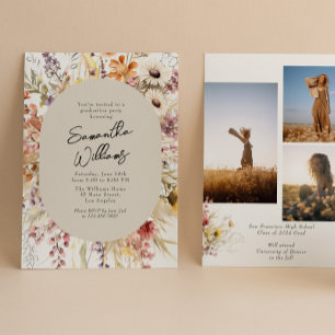 Invitation Boho Fleur sauvage 3 Photo Graduation Party