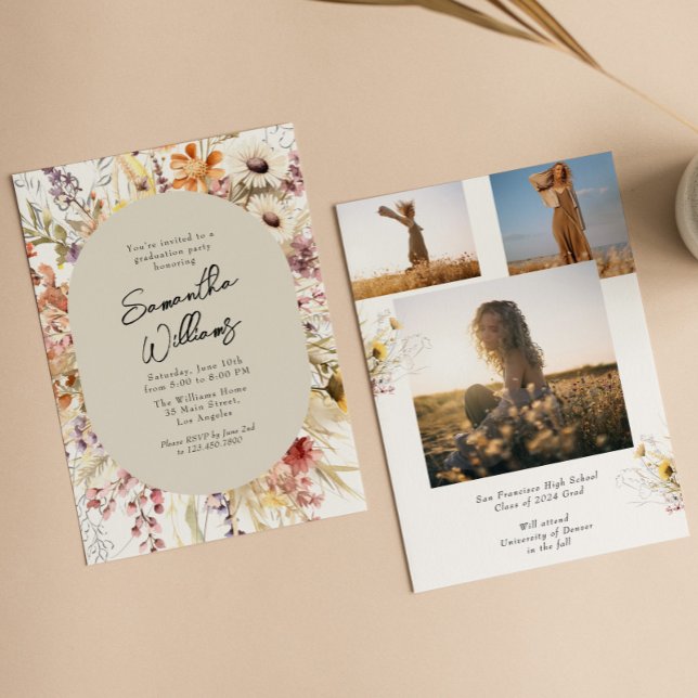 Invitation Boho Fleur sauvage 3 Photo Graduation Party (Créateur téléchargé)