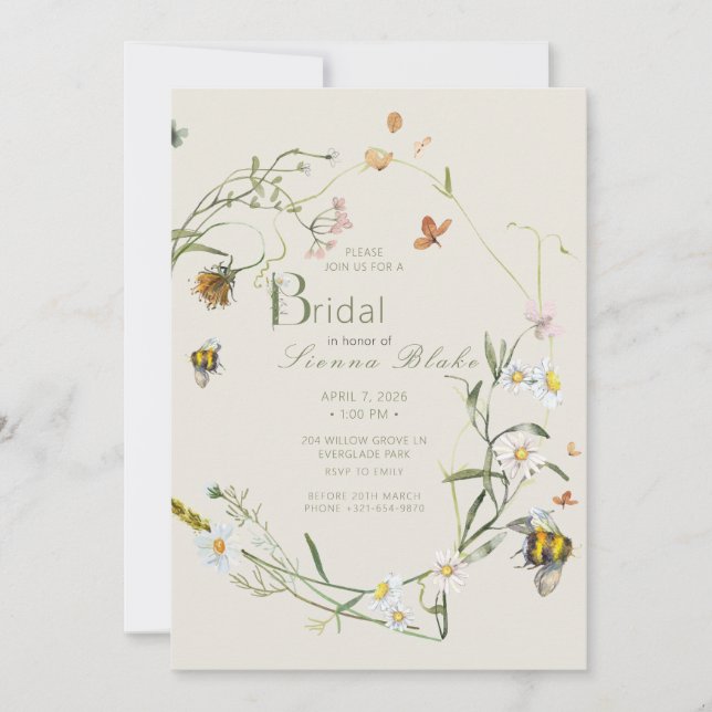 Invitation Boho Fleur sauvage Bee Beige Fête des mariées (Devant)