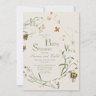 Invitation Boho Fleur sauvage Beige Baby shower Beige 