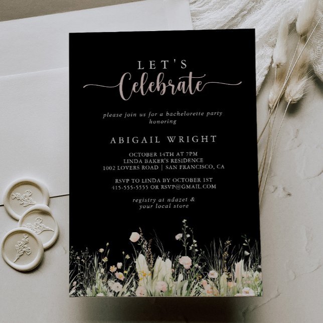 Invitation Boho Fleur sauvage Black Fêtons la fête (Créateur téléchargé)