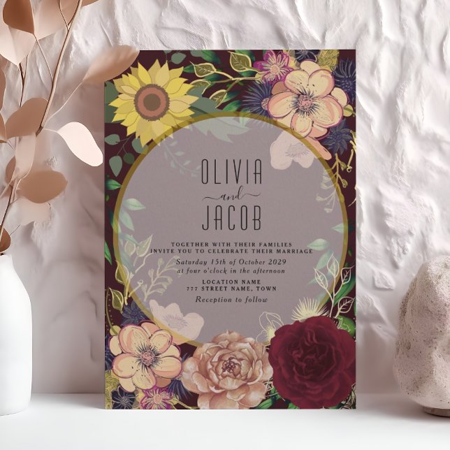 Invitation Boho Fleur sauvage Bourgogne Mariage (Créateur téléchargé)