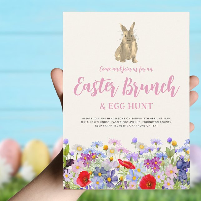 Invitation Boho Fleur sauvage Bunny Pâques Brunch et chasse a (Boho wildflower Bunny Easter brunch and egg hunt invitation )