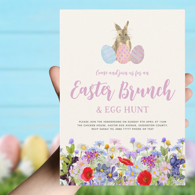 Invitation Boho Fleur sauvage Bunny Pâques Brunch et chasse a (Boho wildflower easter brunch and egg hunt invitation)