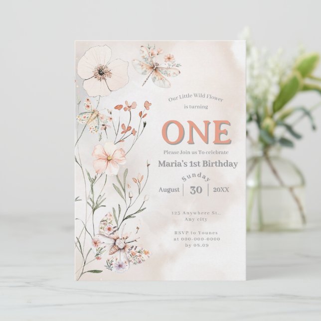 Invitation Boho Fleur sauvage Floral Baby Anniversaire (Debout devant)
