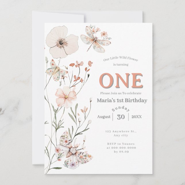 Invitation Boho Fleur sauvage Floral Baby Anniversaire (Devant)