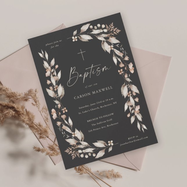 Invitation Boho Fleur sauvage Floral Genre Baptême neutre (Boho wildflower elegant gender neutral baptism christening invitation.)