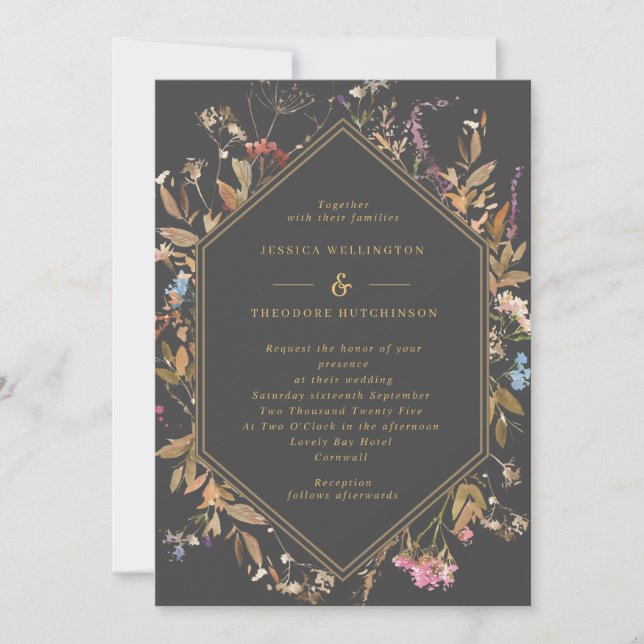Invitation Boho Fleur sauvage Grey & Gold Geo Frame Mariage (Devant)