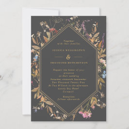 Invitation Boho Fleur sauvage Grey & Gold Geo Frame Mariage