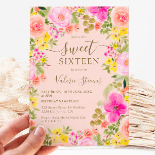 Invitation Boho fleur sauvage jardin aquarelle Sweet 16