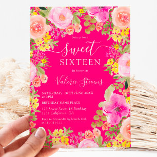 Invitation Boho fleur sauvage jardin aquarelle Sweet 16 rose
