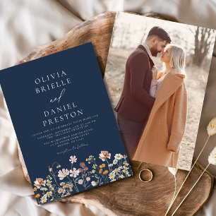 Invitation Boho Fleur sauvage Navy Blue Photo Garden Wedding