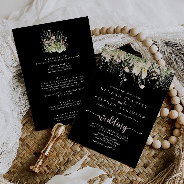 Invitation Boho Fleur sauvage noir avant et arrière Mariage (Créateur téléchargé)