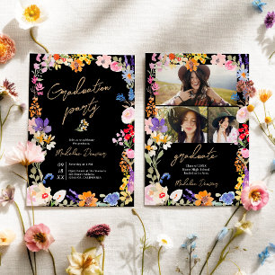 Invitation Boho Fleur Sauvage Noire Photo Remise de Diplômes