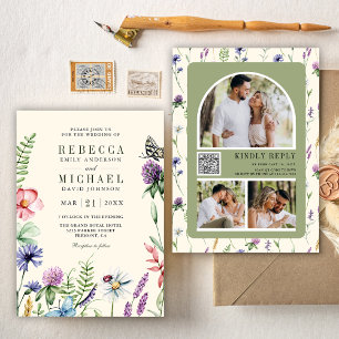 Invitation Boho Fleur sauvage Photo QR Code Cream Mariage