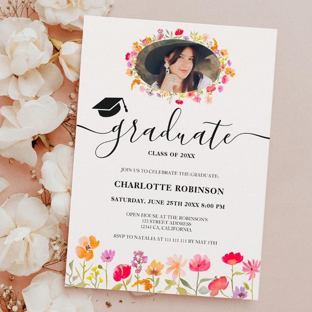Invitation Boho fleur sauvage printemps fleurie photo graduat (Boho wildflowers spring floral photo graduation invitation)