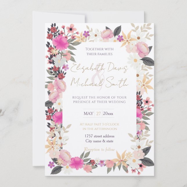 Invitation Boho Fleur sauvage rose Floral (Devant)