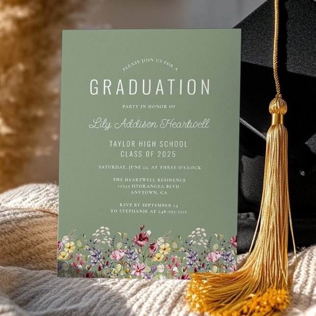 Invitation Boho Fleur sauvage Sage Green Graduation Party (Créateur téléchargé)