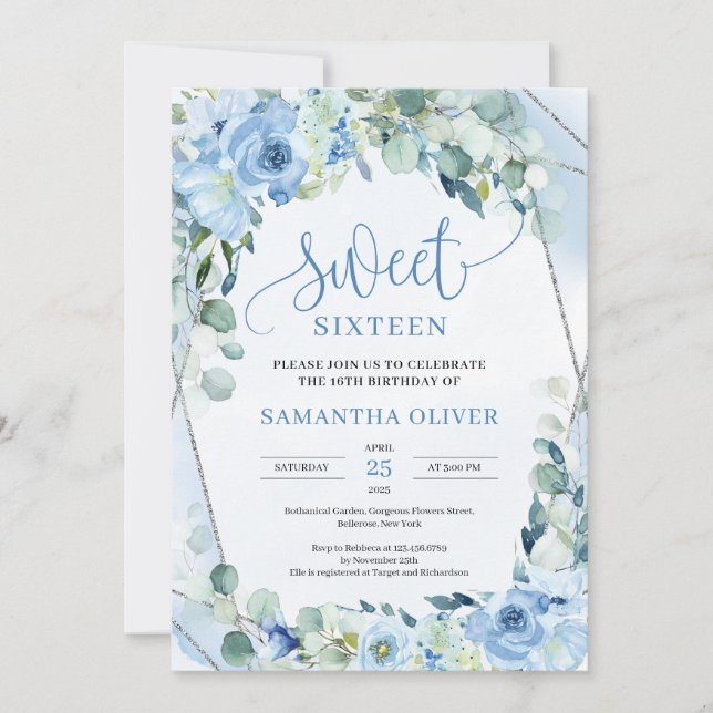 Invitation Boho fleurs bleu clair eucalyptus sweet sixteen (Devant)