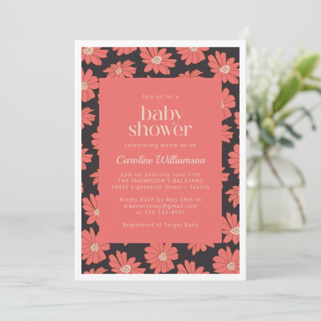 Invitation Boho Fleurs botaniques Marine Baby shower rouge (Debout devant)