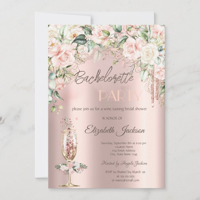 Invitation Boho Fleurs Champagne Glass Bachelorette Party (Devant)