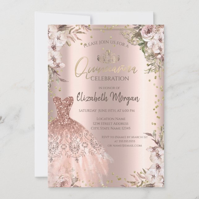 Invitation Boho Fleurs Diamants Robe Quinceanera (Devant)