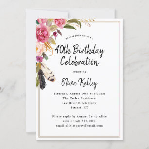 Invitation Boho Fleurs et plumes rustique 40e anniversaire