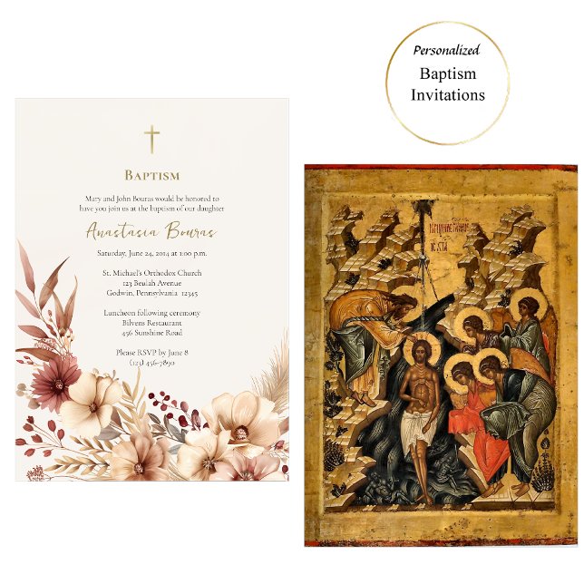 Invitation Boho Fleurs Pampas Grass Orthodoxe Baptême (Créateur téléchargé)