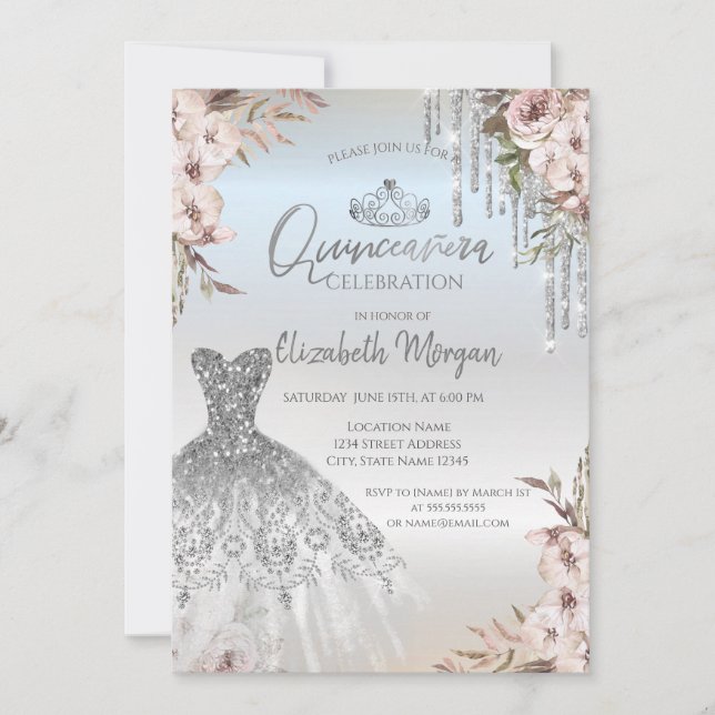 Invitation Boho Fleurs Robe Argent Drives Quinceanera (Devant)