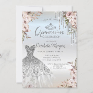 Invitation Boho Fleurs Robe Argent Drives Quinceanera