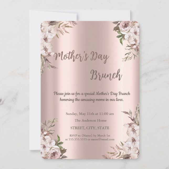 Invitation Boho Fleurs Rose Gold Fête des Mères Brunch (Devant)