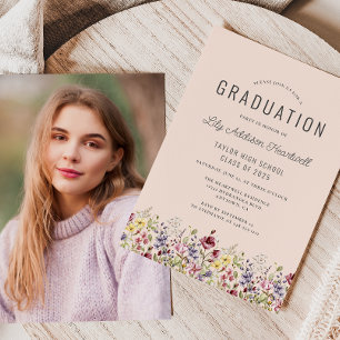 Invitation Boho Fleurs sauvages Blush Pink Photo Graduation