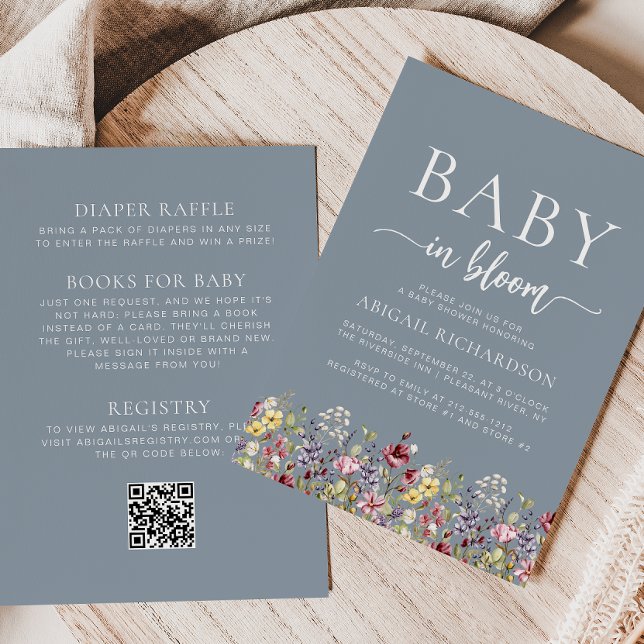 Invitation Boho Fleurs sauvages Dusty Blue QR Code Baby showe (Créateur téléchargé)