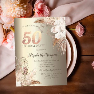 Invitation Boho Fleurs,Verre à Champagne Or 50ème
