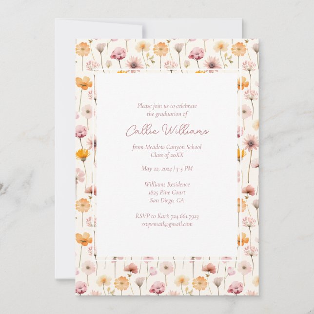 Invitation Boho Floral Aquarelle Fleur sauvage Graduation (Devant)