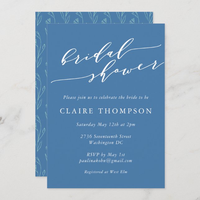 Invitation Boho Floral Art Blue Script Fête des mariées (Devant / Derrière)
