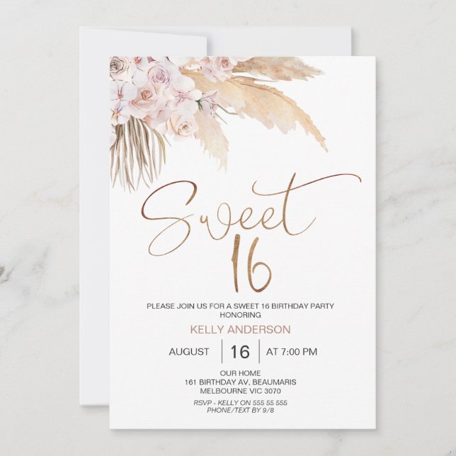 Invitation Boho Floral Avec Pampas Sweet 16 Anniversaire (Devant)