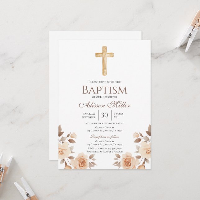 Invitation Boho Floral Baptism (Devant/Arrière en situation)
