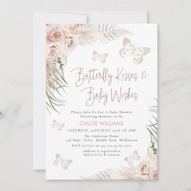 Invitation Boho Floral Beige Butterfly Baby shower Baisers (Devant)