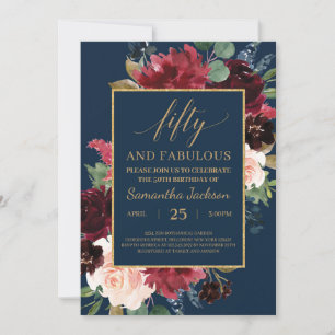 Invitation Boho floral bleu bordeaux de marine 50e anniversai