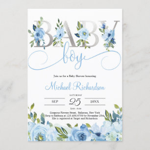 Invitation Boho floral bleu et huile d'argent