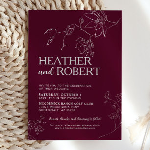 Invitation Boho Floral Bourgogne Botanique Simple Mariage