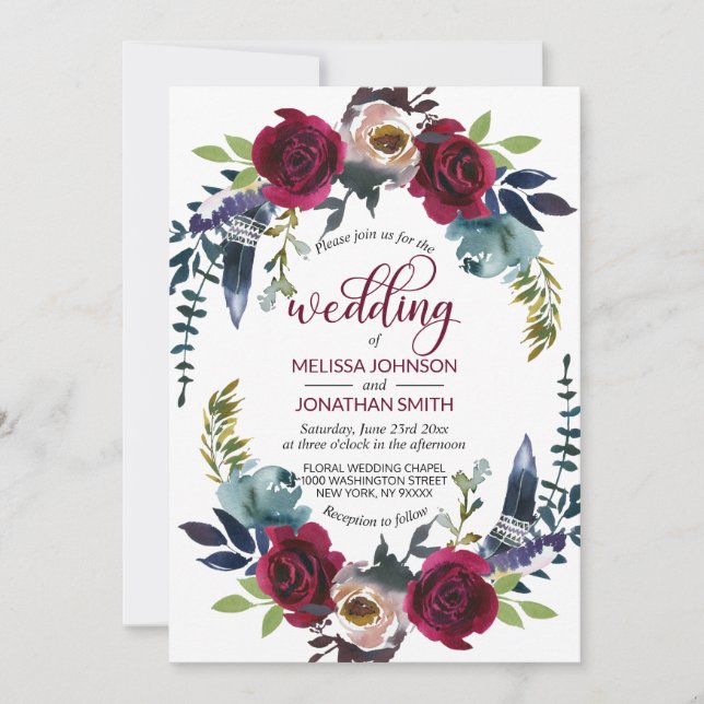 Invitation Boho Floral Bourgogne Merlot Marine Mariage bleu (Devant)