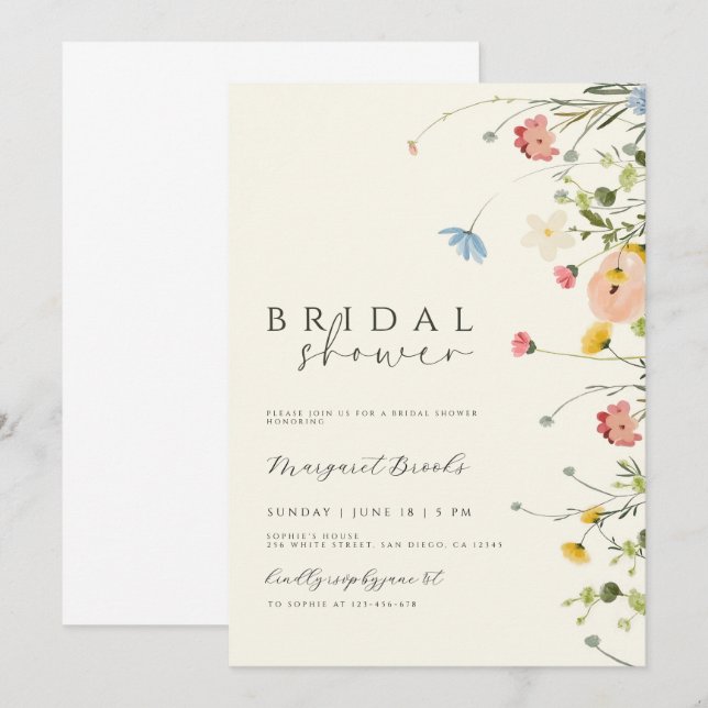 Invitation Boho Floral Bridal Showeuse Invitation, Fleur sauv (Devant / Derrière)